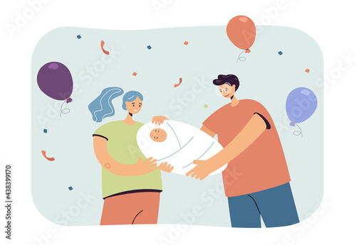 Father and mother holding baby vector illustration. Young parents adoring child, welcoming newborn baby to family. Cute loving family concept for banner, website design, landing web page