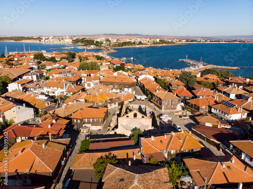 Aerial view of the center of old Nessebar, houses, churches. Drone view from above. Summer holidays destination