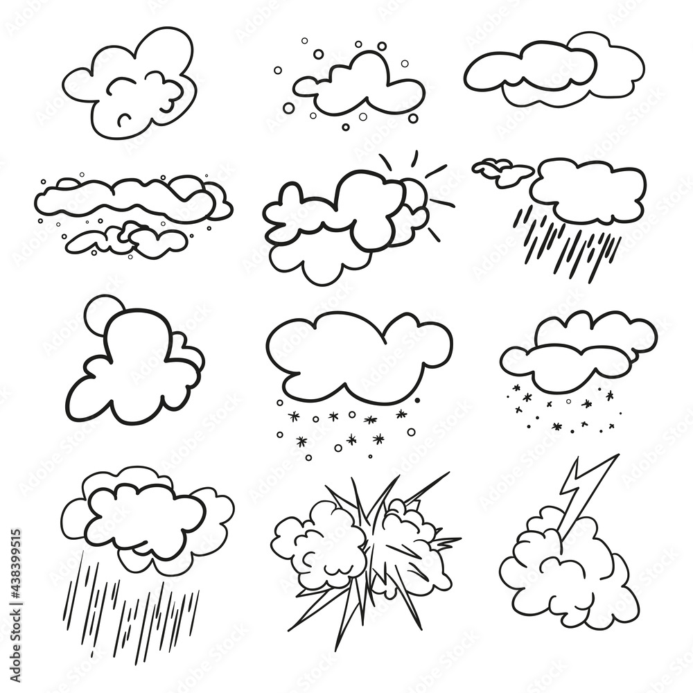 Naklejka premium Weather elements on isolation background. Collection. Doodles for design. Hand drawn simple symbols. Line art. Set of different signs. Abstract illustration for a weather forecast. Art creation