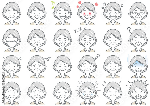 Elderly Woman Various Facial Expressions Set Isolated
