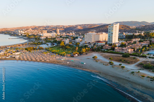 Aerial view of beach coast with boats near hotel in Cyprus