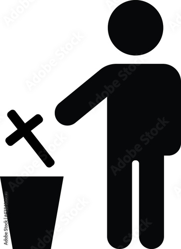 vector illustration with a silhouette of a person throwing away the crucifix into the trash bin. Atheism concept