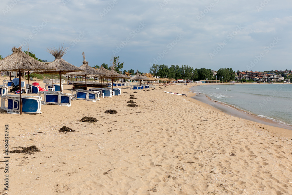 CHERNOMORETS, BULGARIA - MAY 20, 2021: General view of an empty beach near village of Chernomorets, Bulgaria. CHERNOMORETS, BULGARIA - MAY 20, 2021: General view of an empty beach near village of Chernomorets, Bulgaria.