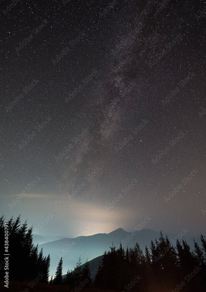 Magnificent view of night starry sky over coniferous wood in mountains. Beautiful landscape of night mountain forest with conifer trees under blue sky with stars and Milky Way. Concept of astronomy.