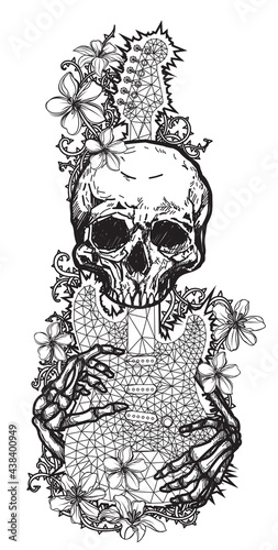Tattoo art skull sketch Flower and guitar black and white