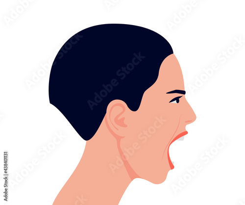Scream and rage woman with open mouth, head profile. Girl in stress, aggression and irritation, rude and mad. Angry woman in conflict. Vector flat illustration
