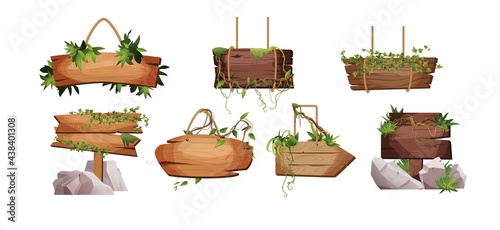 Empty wooden planks hanging on ropes with liana branches and tropical leaves. Set of vintage, retro banners for game. Cartoon vector illustration.