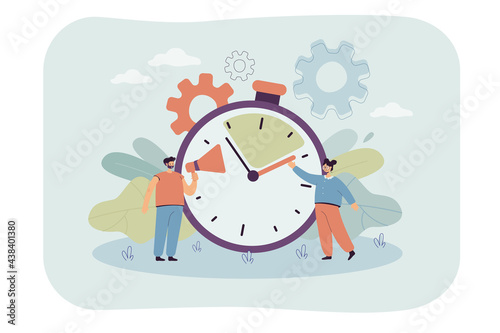 Man with megaphone and woman holding hour hand. Sport or competition commentator training, quick reaction, timer flat vector illustration. Deadline, time management concept for banner, website design