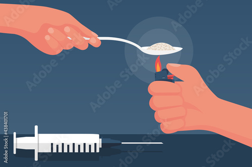 International Day Against Drug. Drug use, addiction to forbidden substances. Dose preparation. Lighter and cocaine spoon in hand. Syringe on the table. Vector illustration flat design.
