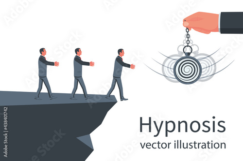 Hypnosis concept. A group of businessmen follows in the abyss. Watch on a chain. Pendulum swinging. Mind control. Vector illustration flat design. Isolated on background.