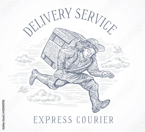Courier drawn in a symbolic, style of engraving in a hurry to deliver the cargo.