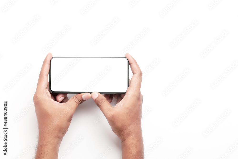 Hand holding a smartphone on a white background. Hand holding a smartphone on a white background.