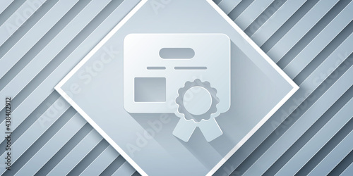 Paper cut Certificate template icon isolated on grey background. Achievement, award, degree, grant, diploma concepts. Paper art style. Vector