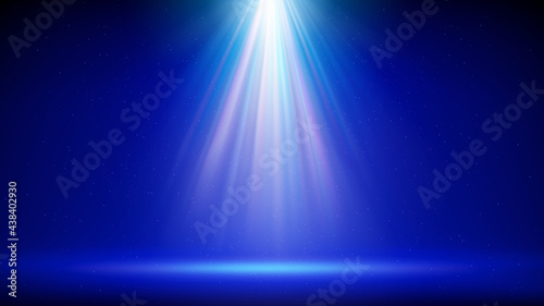 Spotlight background. Illuminated blue stage. Divine radiance, god. Backdrop for displaying products. Bright beams of spotlights, shimmering glittering particles, a spot of light. Vector illustration