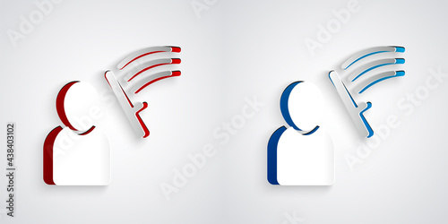 Paper cut Police beat human icon isolated on grey background. Abuse of authority. Protests, demonstrations and rallies. Police against protesters. Paper art style. Vector