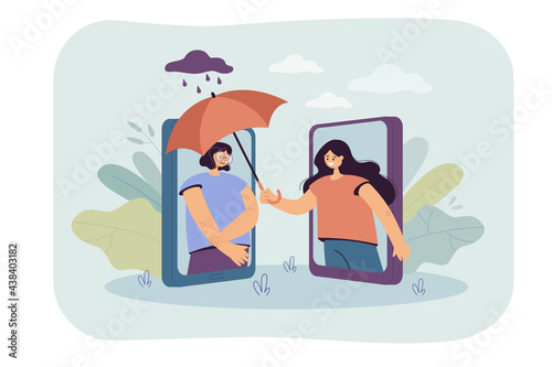 Woman covering sad friend with umbrella over phone. Female character comforting girl flat vector illustration. Mental health, empathy, wellness concept for banner, website design or landing web page