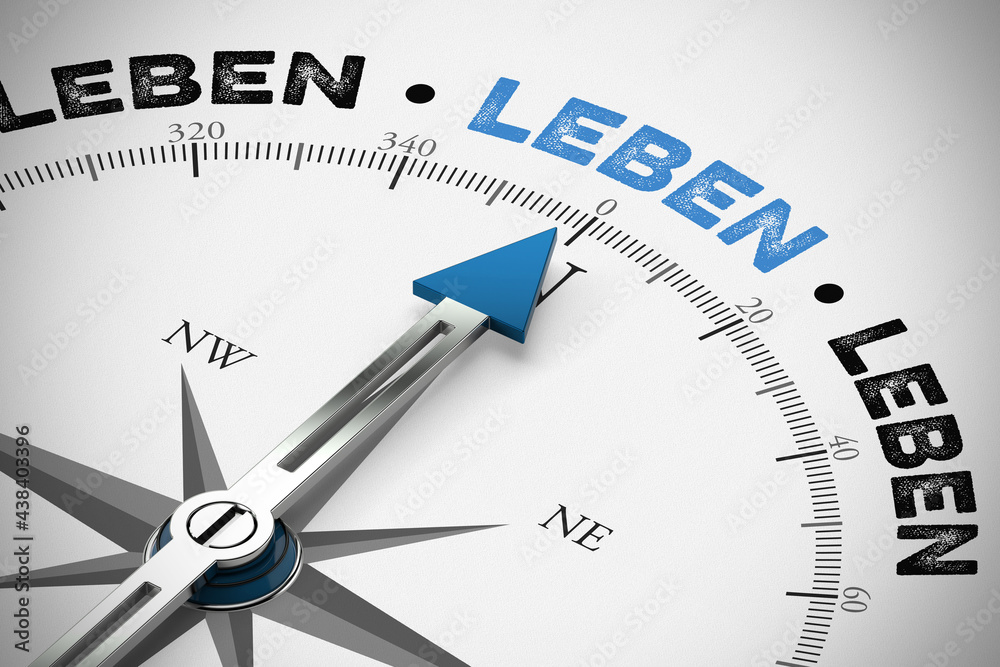 Kompass zeigt auf das Wort Leben in blau Kompass zeigt auf das Wort Leben in blau