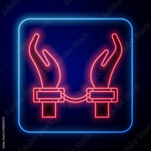 Glowing neon Handcuffs on hands of criminal man icon isolated on black background. Arrested man in handcuffs. A crime, arrest, business and corruption concept. Vector