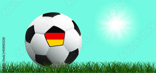 Football with the flag of Deutschland  Germany on green soccer grass field. Flat vector wk  ek background banner. Sport finale or school  sports game cup. Summer  spring time  Street ball games. 2021
