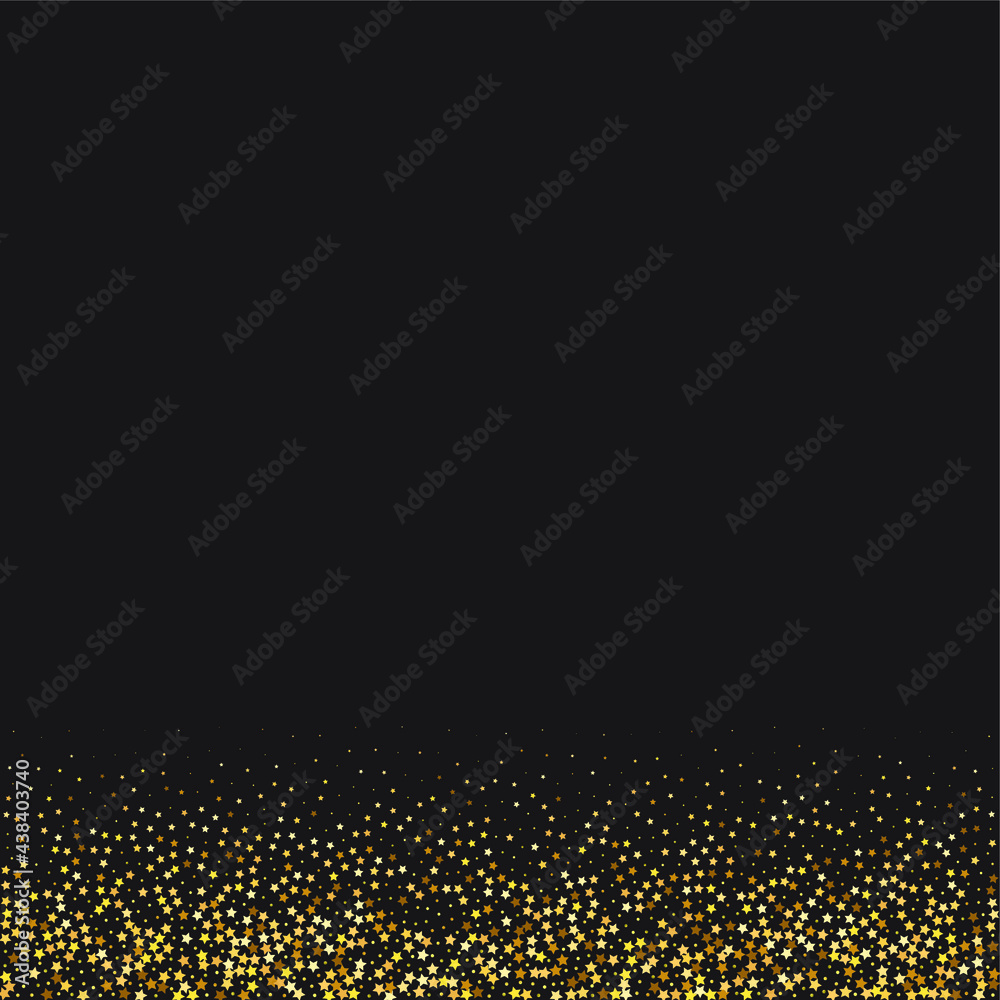 Star Sequin Confetti on Black Background. Christmas Party Frame. Vector Gold Glitter. Falling Particles on Floor. Voucher Gift Card Template. Isolated Flat Birthday Card. Golden Stars Banner.