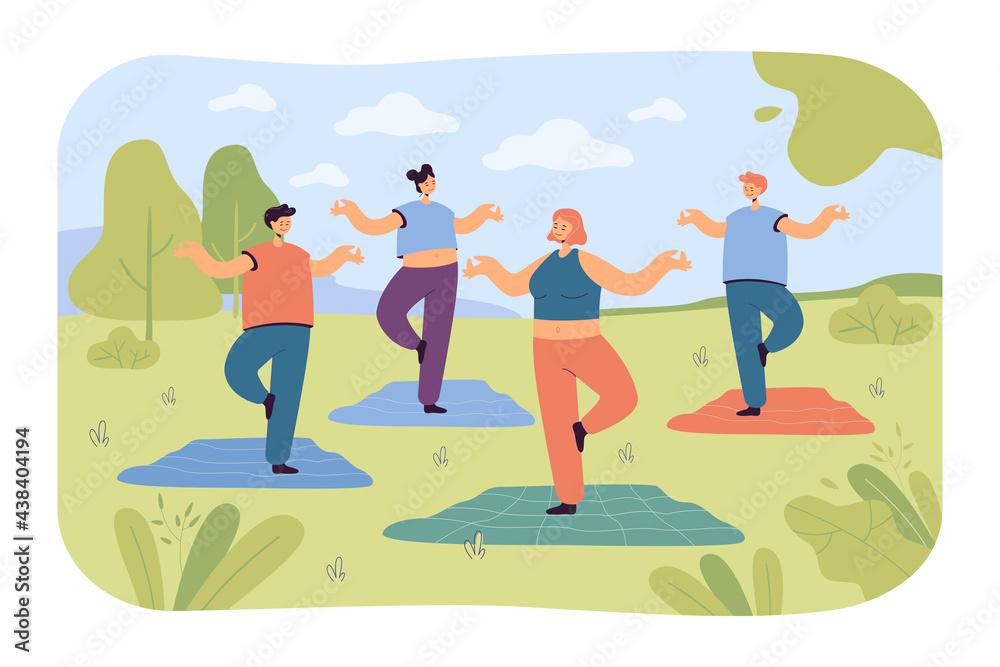 People doing yoga in park. Cartoon characters at outdoor yoga class, practicing self-care flat vector illustration. Health, recreation, wellbeing concept for banner, website design or landing web page