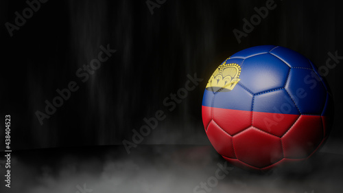 Soccer ball in flag colors on a dark abstract background. Liechtenstein. 3D image.