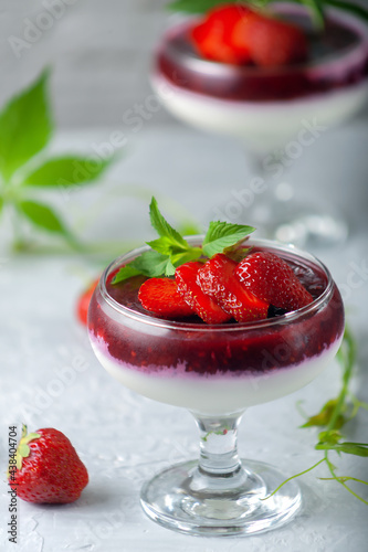 Wallpaper Mural Traditional Italian dessert vanilla strawberry panna cotta in verina with fresh berries. Copy space. Torontodigital.ca
