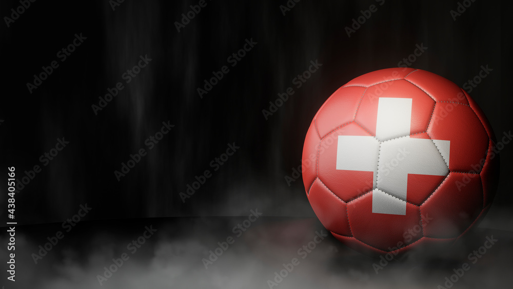 Soccer ball in flag colors on a dark abstract background. Switzerland. 3D image.