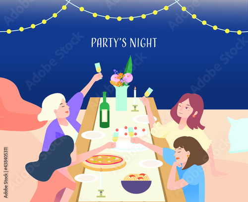 four girls gathering party night in flat vector illustration. Party, house warming, celebration, smiling characters, women, female, Apartment or living room people having fun, cheerful and talking