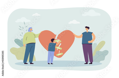 Divorced family getting back together. Man and woman holding pieces of broken heart, little boy trying to tape it with band-aids. Family reunion concept for banner, website design or landing web page