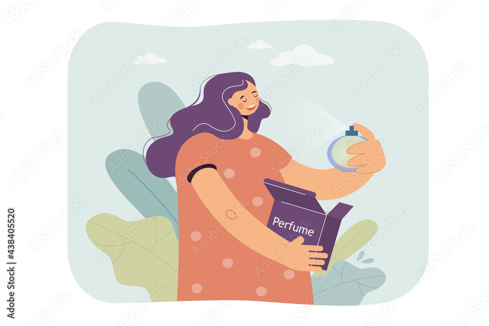 Woman enjoying perfume vector illustration. Young woman spraying, smelling cologne. Happy girl loving her toilet water. Perfume, cosmetics concept for banner, website design, landing .page Woman enjoying perfume vector illustration. Young woman spraying, smelling cologne. Happy girl loving her toilet water. Perfume, cosmetics concept for banner, website design, landing .page