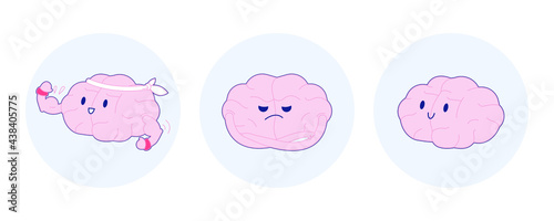 Set Badges Train Your Brain. Modern Flat Vector Illustration. Happy Brain Show its Biceps, Angry. Social Media Template.