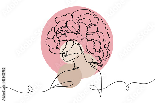Continuous one line of surreal beautiful woman with flowers hai. Linear stylized.Minimalist.