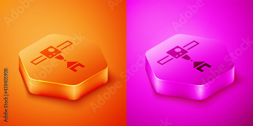 Isometric 3D printer house icon isolated on orange and pink background. 3d printing. Hexagon button. Vector