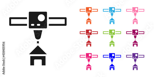 Black 3D printer house icon isolated on white background. 3d printing. Set icons colorful. Vector