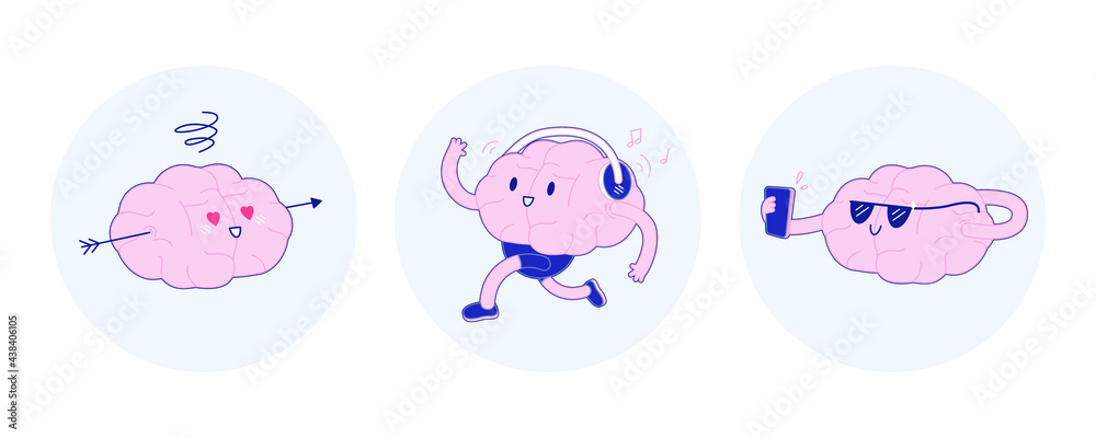 Set Badges Train Your Brain. Modern Flat Vector Illustration. Happy Brain in Love, Run and Listen to the Music in Headphones, Hold Smartphone and Make Selfie. Social Media Template. Set Badges Train Your Brain. Modern Flat Vector Illustration. Happy Brain in Love, Run and Listen to the Music in Headphones, Hold Smartphone and Make Selfie. Social Media Template.