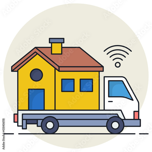 Prefabricated home Concept, House on Wheels Vector Icon Design, urban and suburban house Symbol, Real Estate and Property Sign, Apartment and Mortgage Stock illustration
