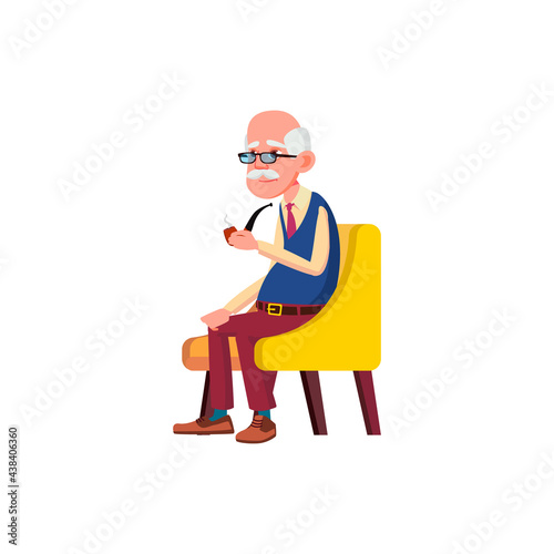 mature age caucasian man sitting in armchair and smoking smoke pipe cartoon vector. mature age caucasian man sitting in armchair and smoking smoke pipe character. isolated flat cartoon illustration