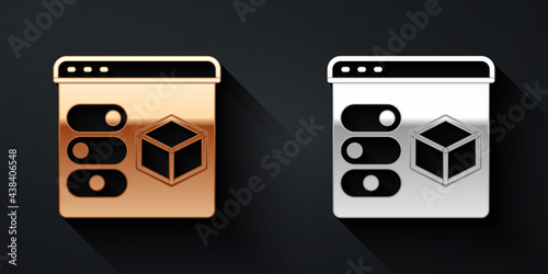 Gold and silver 3D printer icon isolated on black background. 3d printing. Long shadow style. Vector