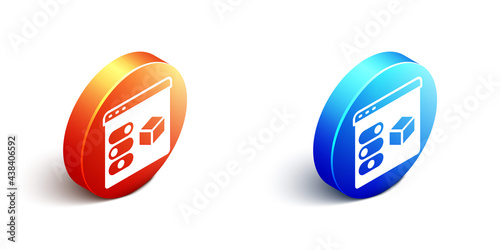 Isometric 3D printer icon isolated on white background. 3d printing. Orange and blue circle button. Vector