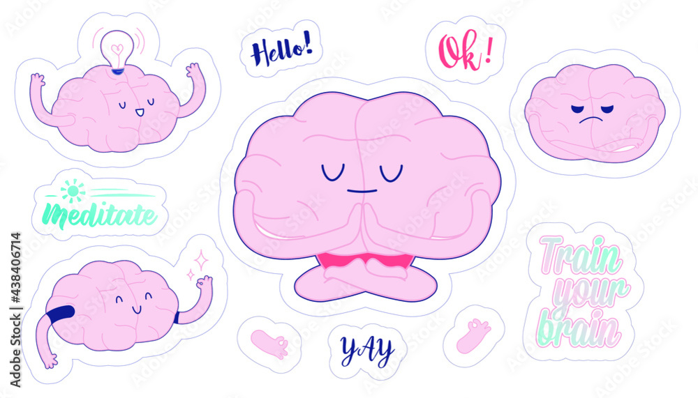 Set Train Your Brain. Modern Flat Vector Illustration. Brain Meditate, Angry Brain, Idea, Show Okay Sign, Meditate, Hello, Ok,Train Your Brain Lettering Composition. Social Media Template. Set Train Your Brain. Modern Flat Vector Illustration. Brain Meditate, Angry Brain, Idea, Show Okay Sign, Meditate, Hello, Ok,Train Your Brain Lettering Composition. Social Media Template.