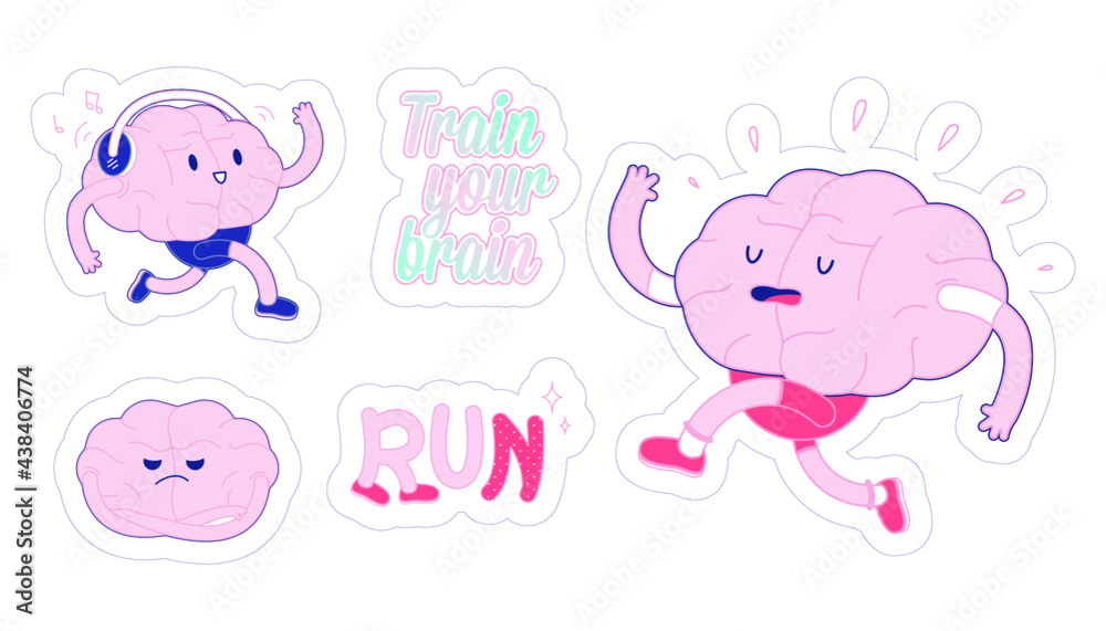 Set Train Your Brain. Modern Flat Vector Illustration. Happy Brain Run, Listen to the Music in Headphones, Angry Brain, Train Your Brain, Run Lettering Composition. Social Media Template. Set Train Your Brain. Modern Flat Vector Illustration. Happy Brain Run, Listen to the Music in Headphones, Angry Brain, Train Your Brain, Run Lettering Composition. Social Media Template.