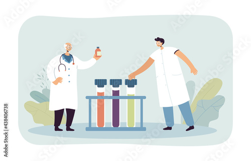 Pharmacists doing research in laboratory. Medical characters analyzing test tubes flat vector illustration. Medicine, healthcare, pharmacy concept for banner, website design or landing web page © SurfupVector