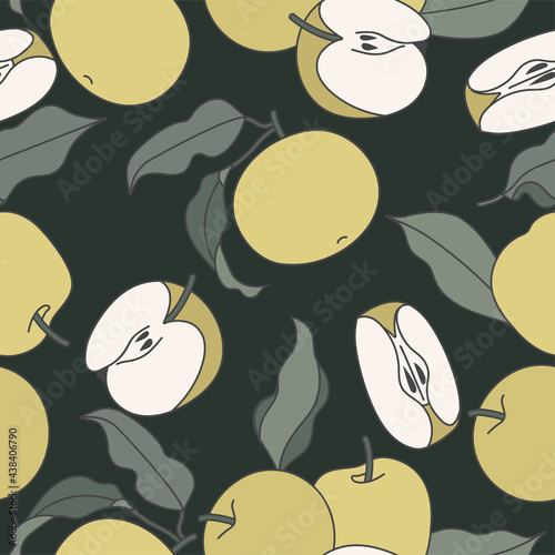 Vector illustration seamless pattern with green apple. Colorful summer wallpaper. Apples fruits collection.