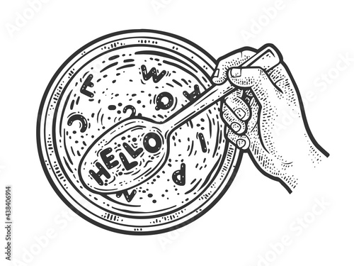 Alphabet pasta soup with hello word line art sketch engraving vector illustration. T-shirt apparel print design. Scratch board imitation. Black and white hand drawn image.