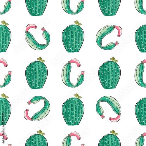 Cactus seamless pattern. Watercolor pattern of catus on white background. Green thorns Mexican succulent. Exotic cacti houseplant background