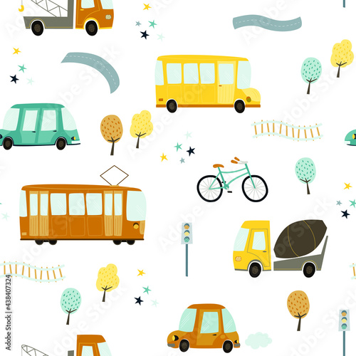 illustration seamless pattern with cute transport: bus, motorcycle, car, traffic light. children's print on a white background. for design, fabric, paper. vector