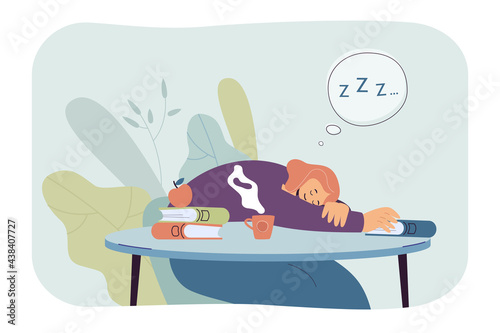 Girl sleeping during studying. Tired girl napping next to books and cup of hot beverage. Taking rest. Education concept for banner, website design or landing web page