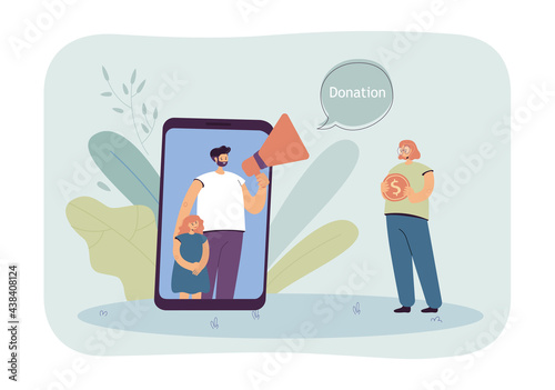 Dad and daughter asking for help in fundraising through mobile. Girl donating money online flat vector illustration. Donation, volunteer, support concept for banner, website design or landing web page