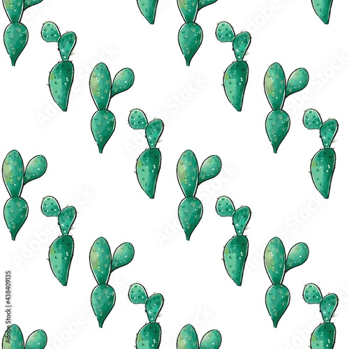 Cactus seamless pattern. Watercolor pattern of catus on white background. Green thorns Mexican succulent. Exotic cacti houseplant background